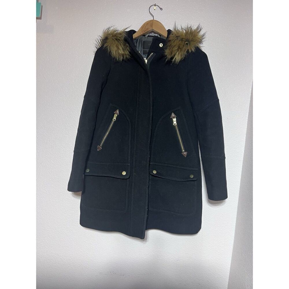 J. Crew Coat Parka Size 0 Black Stadium Cloth Faux Fur Hood Wool Blend Winter
